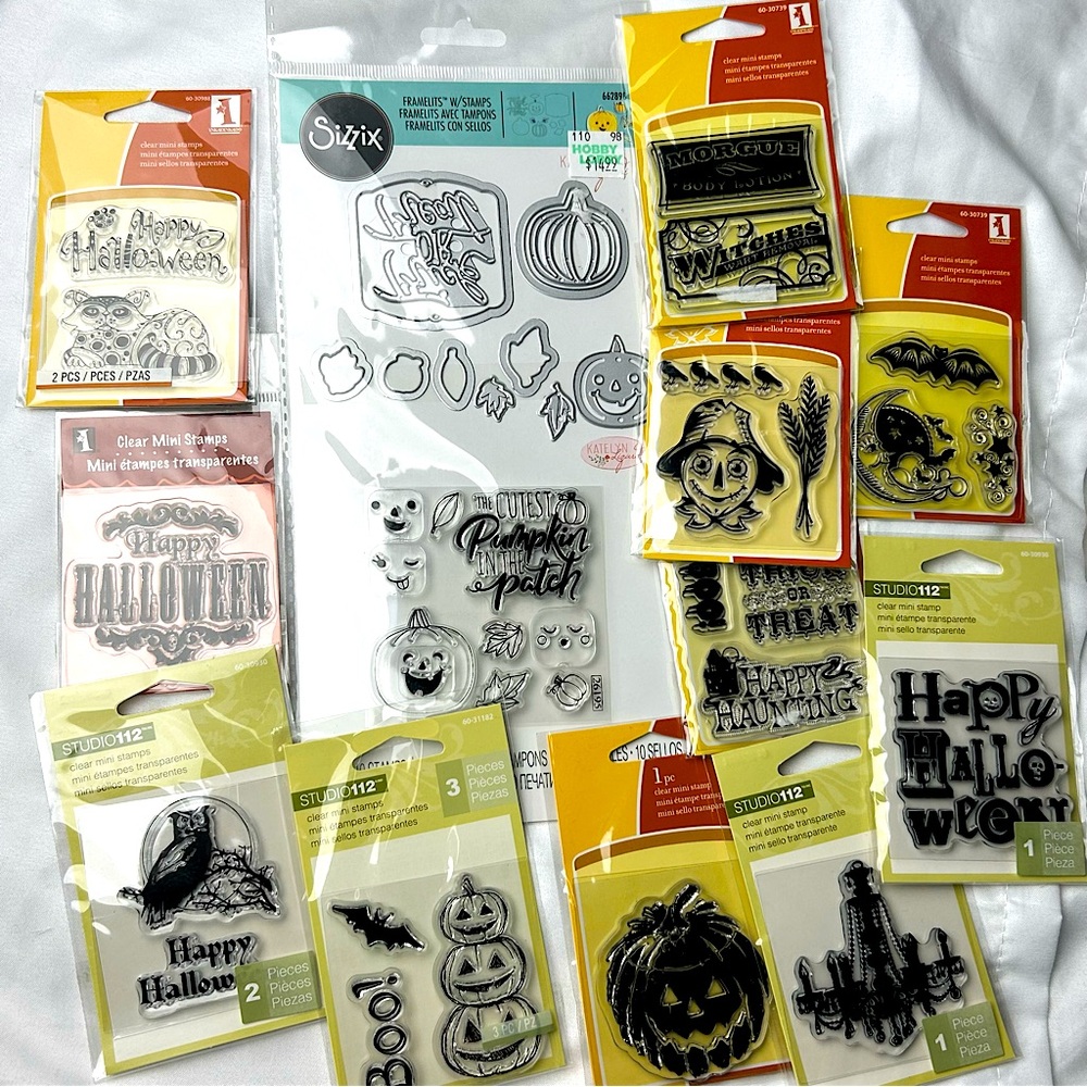 Brand New set of 12 clear stamps & 1 set of Halloween Fall die cuts card making